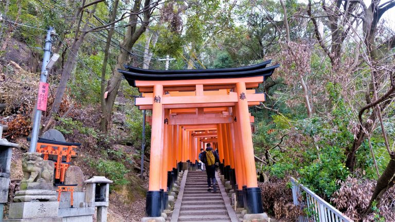 An array of orange shrines at the bottom of Mount Inari