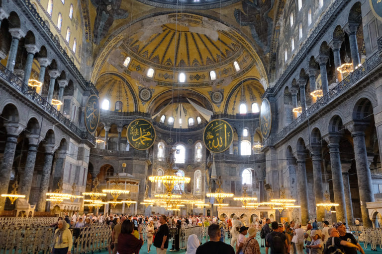 Chandelier hang from the high ceilings of the Hagia Sophia Mosque