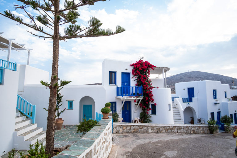 White building with blue windows and pink flowers